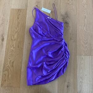 The Sei Asymmetrical Plunge Silk Mini Dress in Purple
